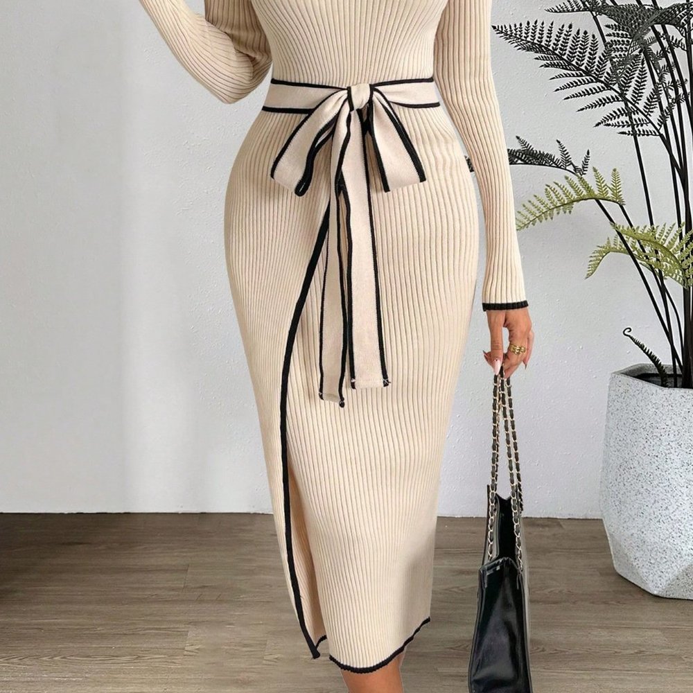 PASSION Contrast Binding Turtleneck Belted Sweater Dress - Picture 4 of 15